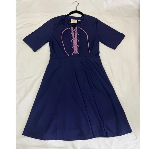 Anthropologie Navy Lace Up Dress Size Small Blue - Picture 2 of 5
